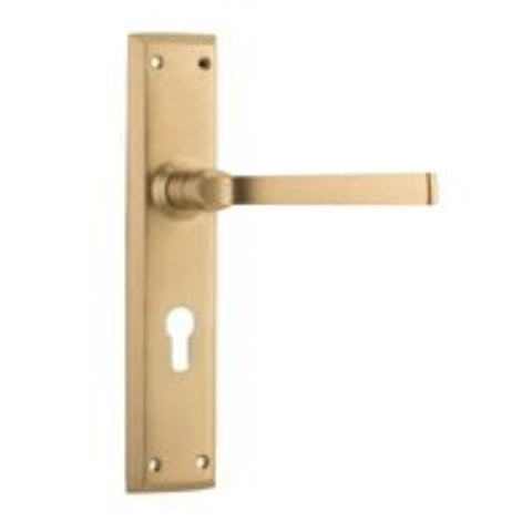Tradco Menton Door Lever Handle on Long Backplate Unlacquered Satin Brass - Customise to your needs - primehardware