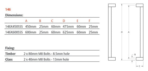 LOCKWOOD ENTRANCE PULL HANDLE 146X600SSS 600MM SATIN STAINLESS STEEL PAIR - primehardware