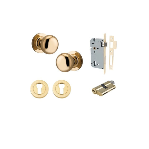 IVER Cambridge Door Knob On Round Rose Concealed Fix | Entrance Kit (Key/Key) | 9 Finishes - Polished Brass