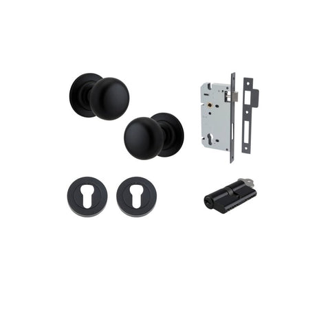 IVER Cambridge Door Knob On Round Rose Concealed Fix | Entrance Kit (Key/Key) | 9 Finishes - Matt Black