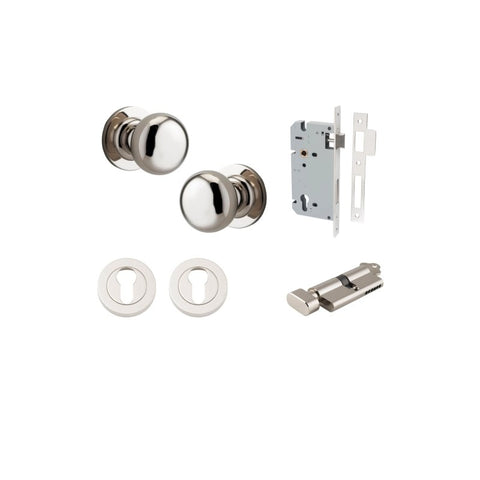 IVER Cambridge Door Knob On Round Rose Concealed Fix | Entrance Kit (Key/Thumb) | 9 Finishes - Polished Nickel