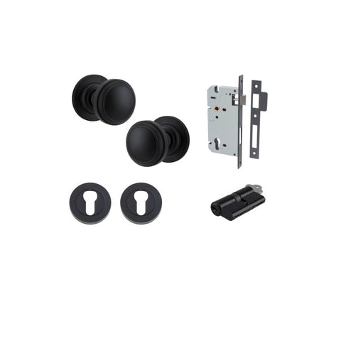 IVER Paddington Door Knob On Round Rose Concealed Fix | Entrance Kit (Key/Key) | 9 Finishes - Matt Black