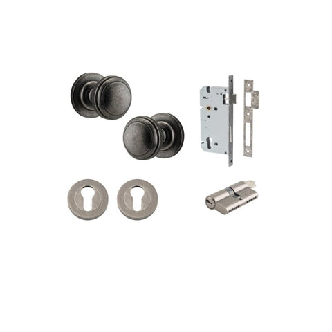 IVER Paddington Door Knob On Round Rose Concealed Fix | Entrance Kit (Key/Key) | 9 Finishes - Distressed Nickel