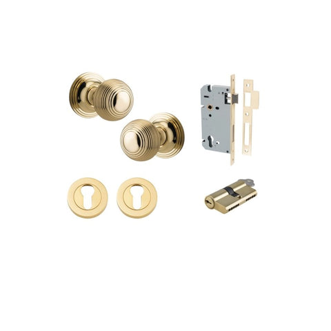 IVER Guildford Door Knob On Round Rose Concealed Fix | Entrance Kit (Key/Thumb) | 9 Finishes - Polished Brass