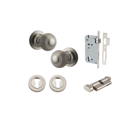 IVER Guildford Door Knob On Round Rose Concealed Fix | Entrance Kit (Key/Thumb) | 9 Finishes - Satin Nickel