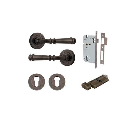 IVER Verona Door Lever Handle On Round Rose Pair | Entrance Kit (Key/Thumb) | 9 Finishes - Signature Brass