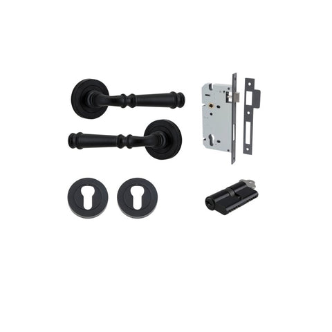 IVER Verona Door Lever Handle On Round Rose Pair | Entrance Kit (Key/Key) | 9 Finishes - Matt Black