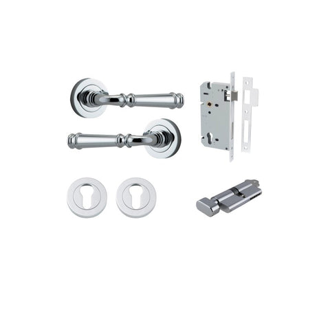 IVER Verona Door Lever Handle On Round Rose Pair | Entrance Kit (Key/Thumb) | 9 Finishes - Polished Chrome