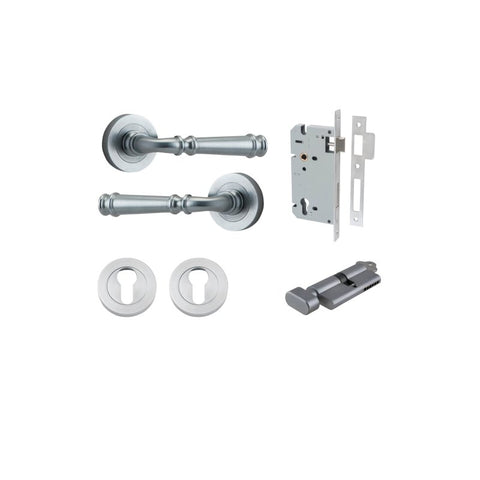 IVER Verona Door Lever Handle On Round Rose Pair | Entrance Kit (Key/Thumb) | 9 Finishes - Brushed Chrome