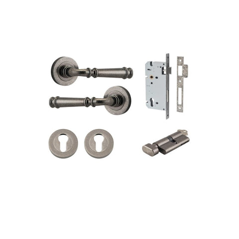 IVER Verona Door Lever Handle On Round Rose Pair | Entrance Kit (Key/Thumb) | 9 Finishes - Distressed Nickel