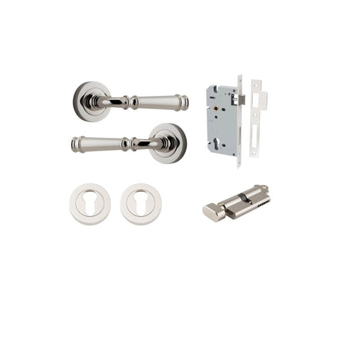 IVER Verona Door Lever Handle On Round Rose Pair | Entrance Kit (Key/Thumb) | 9 Finishes - Polished Nickel