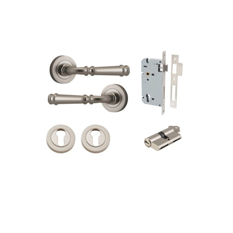 IVER Verona Door Lever Handle On Round Rose Pair | Entrance Kit (Key/Key) | 9 Finishes - Satin Nickel