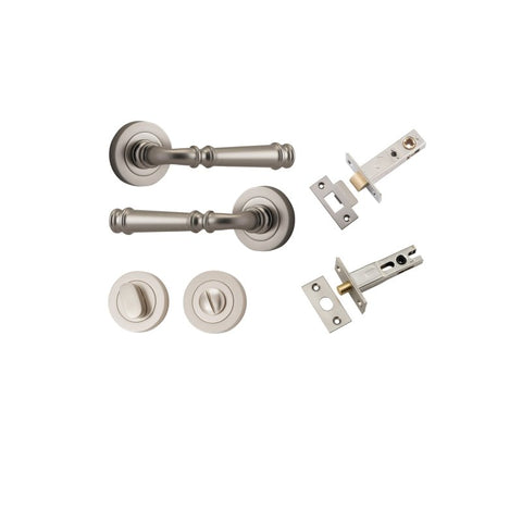 IVER Verona Door Lever Handle On Round Rose Pair | Separate Privacy Kit | 9 Finishes - Satin Nickel