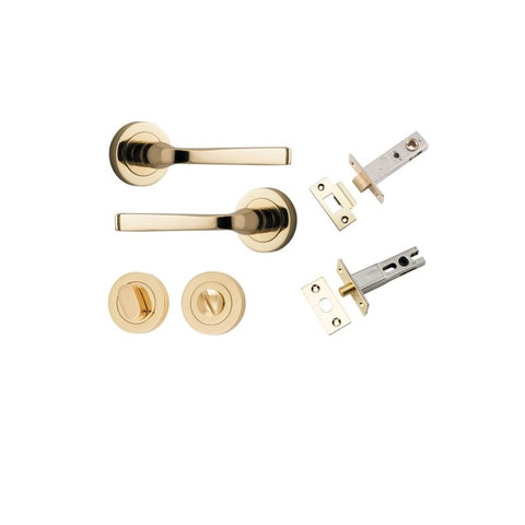 IVER Annecy Door Lever Handle On Round Rose Pair | Separate Privacy Kit | 9 Finishes - Polished Brass