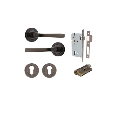 IVER Annecy Door Lever Handle On Round Rose Pair | Entrance Kit (Key/Key) | 9 Finishes - Signature Brass