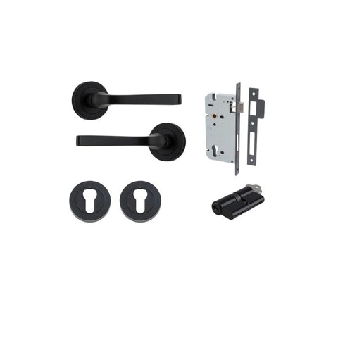 IVER Annecy Door Lever Handle On Round Rose Pair | Entrance Kit (Key/Key) | 9 Finishes - Matt Black