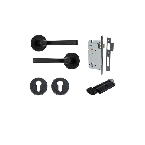 IVER Annecy Door Lever Handle On Round Rose Pair | Entrance Kit (Key/Thumb) | 9 Finishes - Matt Black