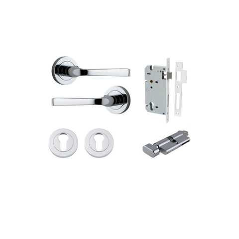 IVER Annecy Door Lever Handle On Round Rose Pair | Entrance Kit (Key/Thumb) | 9 Finishes - Polished Chrome