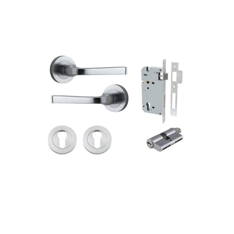 IVER Annecy Door Lever Handle On Round Rose Pair | Entrance Kit (Key/Key) | 9 Finishes - Brushed Chrome