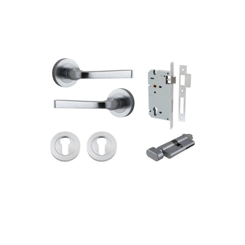 IVER Annecy Door Lever Handle On Round Rose Pair | Entrance Kit (Key/Thumb) | 9 Finishes - Brushed Chrome