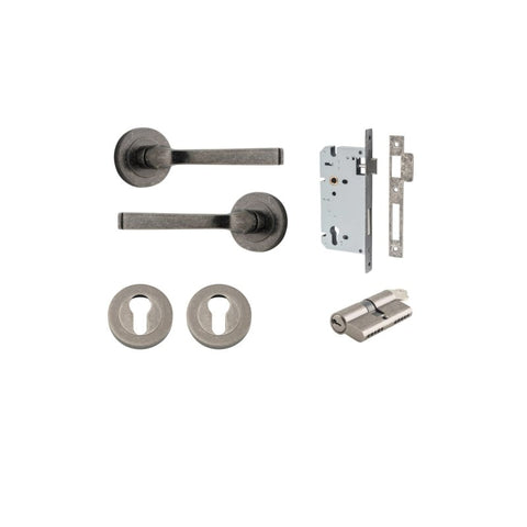 IVER Annecy Door Lever Handle On Round Rose Pair | Entrance Kit (Key/Key) | 9 Finishes - Distressed Nickel