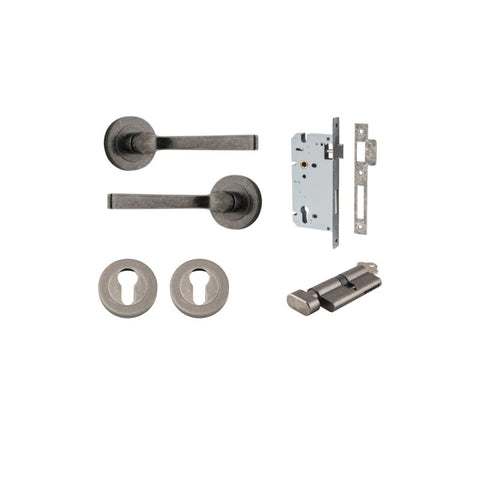 IVER Annecy Door Lever Handle On Round Rose Pair | Entrance Kit (Key/Thumb) | 9 Finishes - Distressed Nickel