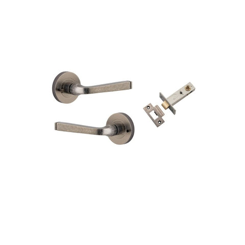 IVER Annecy Door Lever Handle On Round Rose Pair | Inbuilt Privacy Kit | 9 Finishes - Distressed Nickel