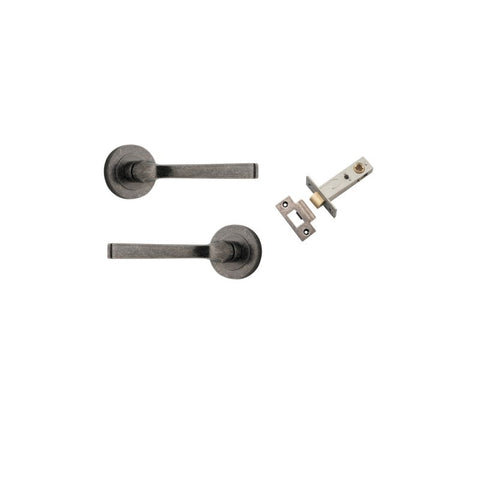 IVER Annecy Door Lever Handle On Round Rose Pair | Passage Kit | 9 Finishes - Distressed Nickel