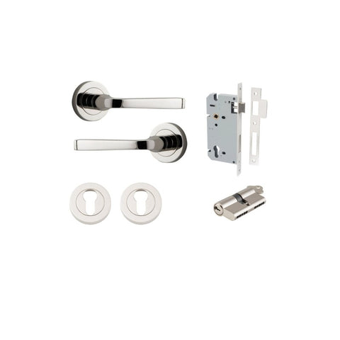 IVER Annecy Door Lever Handle On Round Rose Pair | Entrance Kit (Key/Key) | 9 Finishes - Polished Nickel