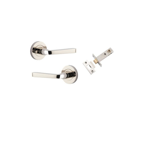 IVER Annecy Door Lever Handle On Round Rose Pair | Inbuilt Privacy Kit | 9 Finishes - Polished Nickel