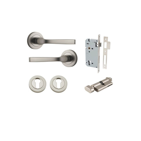 IVER Annecy Door Lever Handle On Round Rose Pair | Entrance Kit (Key/Thumb) | 9 Finishes - Satin Nickel