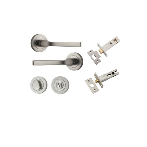 IVER Annecy Door Lever Handle On Round Rose Pair | Separate Privacy Kit | 9 Finishes - Satin Nickel