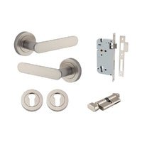 Iver Bronte Solid Brass Door Lever on Round Rose | All Functions | Entrance Kit (Key/Thumb) | 7 Finishes - Satin Nickel