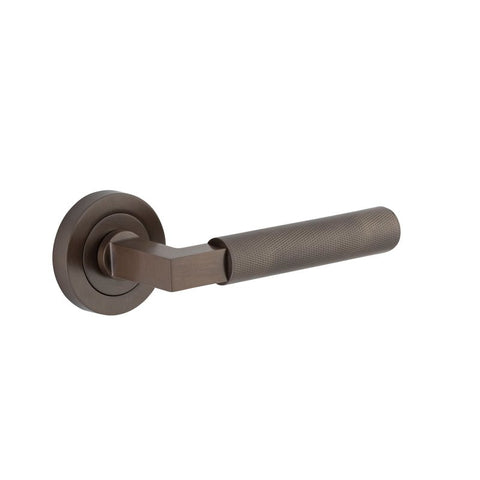Iver Brunswick Knurled Solid Brass Door Lever Handle On Round Rose | Lever Set Only | 6 Finishes - Signature Brass