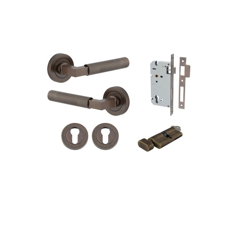 Iver Brunswick Knurled Solid Brass Door Lever Handle On Round Rose | Entrance Kit (Key/Thumb) | 6 Finishes - Signature Brass