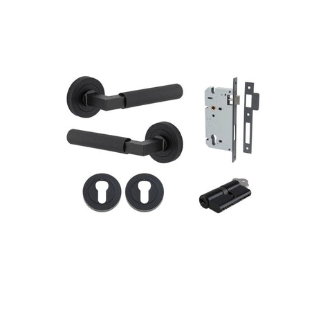 Iver Brunswick Knurled Solid Brass Door Lever Handle On Round Rose | Entrance Kit (Key/Key) | 6 Finishes - Matt Black
