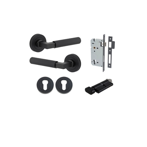 Iver Brunswick Knurled Solid Brass Door Lever Handle On Round Rose | Entrance Kit (Key/Thumb) | 6 Finishes - Matt Black