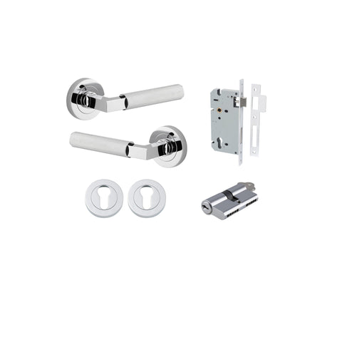 Iver Brunswick Knurled Solid Brass Door Lever Handle On Round Rose | Entrance Kit (Key/Key) | 6 Finishes - Polished Chrome