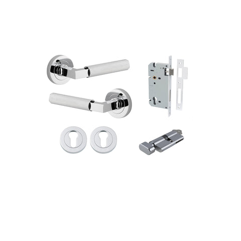 Iver Brunswick Knurled Solid Brass Door Lever Handle On Round Rose | Entrance Kit (Key/Thumb) | 6 Finishes - Polished Chrome
