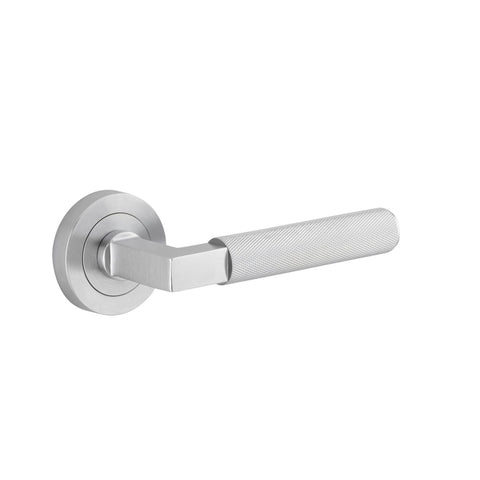 Iver Brunswick Knurled Solid Brass Door Lever Handle On Round Rose | Lever Set Only | 6 Finishes - Brushed Chrome