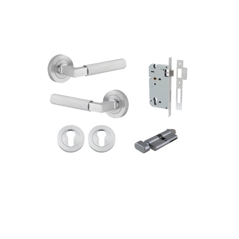 Iver Brunswick Knurled Solid Brass Door Lever Handle On Round Rose | Entrance Kit (Key/Thumb) | 6 Finishes - Brushed Chrome