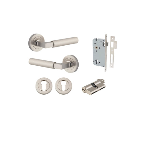 Iver Brunswick Knurled Solid Brass Door Lever Handle On Round Rose | Entrance Kit (Key/Key) | 6 Finishes - Satin Nickel