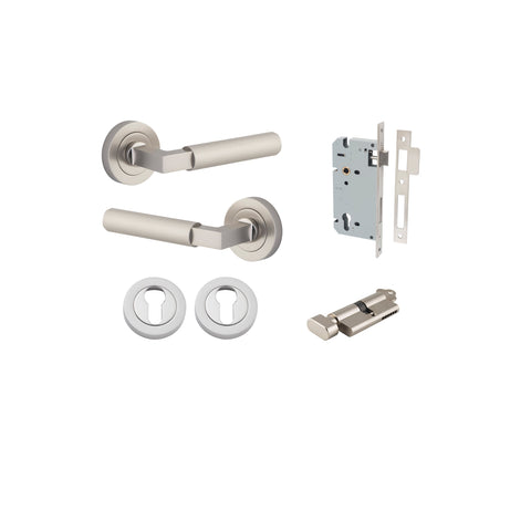 Iver Brunswick Knurled Solid Brass Door Lever Handle On Round Rose | Entrance Kit (Key/Thumb) | 6 Finishes - Satin Nickel