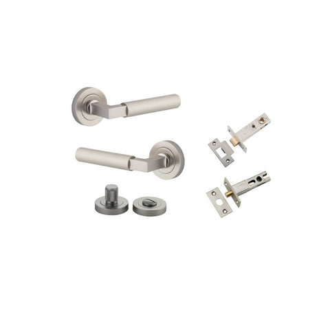 Iver Brunswick Knurled Solid Brass Door Lever Handle On Round Rose | Separate Privacy Kit | 6 Finishes - Satin Nickel