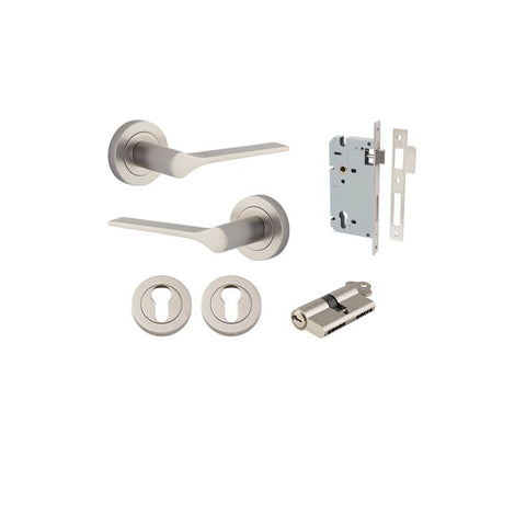 Iver Como Door Lever on Round Rose | Entrance Kit (Key/Key) | 7 Finishes - Satin Nickel