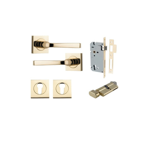 IVER Annecy Door Lever Handle On Square Rose Pair | Entrance Kit (Key/Thumb) | 9 Finishes - Polished Brass