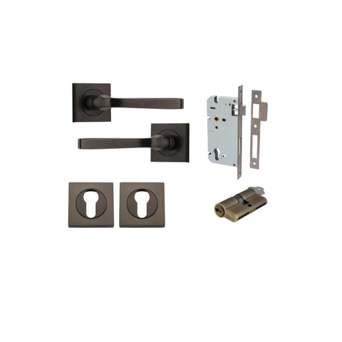 IVER Annecy Door Lever Handle On Square Rose Pair | Entrance Kit (Key/Key) | 9 Finishes - Signature Brass