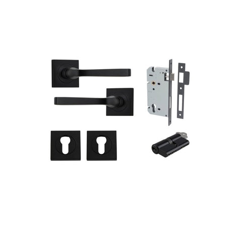 IVER Annecy Door Lever Handle On Square Rose Pair | Entrance Kit (Key/Key) | 9 Finishes - Matt Black