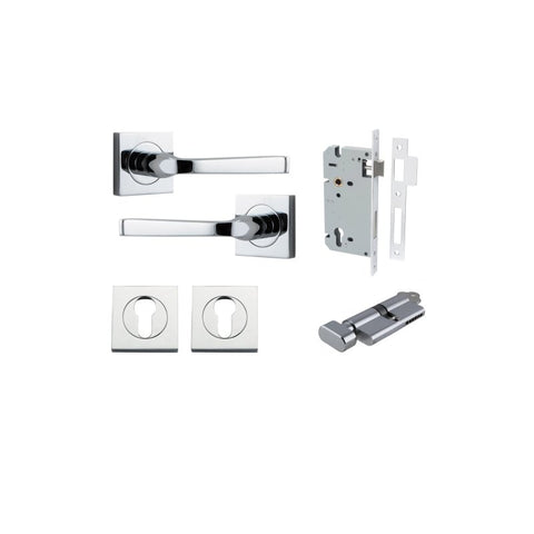 IVER Annecy Door Lever Handle On Square Rose Pair | Entrance Kit (Key/Thumb) | 9 Finishes - Polished Chrome