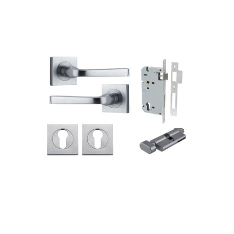 IVER Annecy Door Lever Handle On Square Rose Pair | Entrance Kit (Key/Thumb) | 9 Finishes - Brushed Chrome